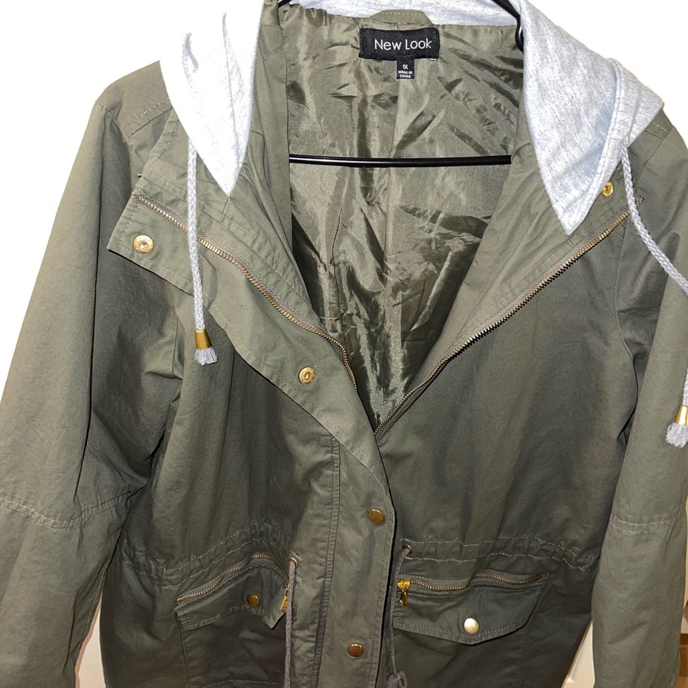 Army green jacket with gray hood